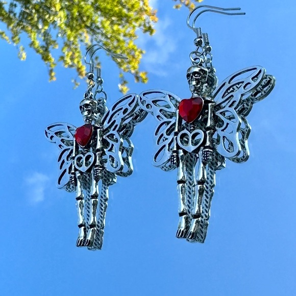 Halloween Earrings “Fairy Skeleton” Silver Red Heart Whimsy Goth Edgy Dangle New - Picture 3 of 12